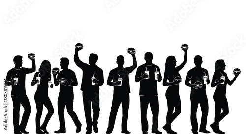 Diverse group enjoying burgers and drinks in silhouette