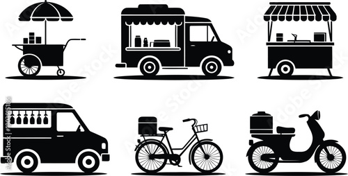 Mobile Business & Delivery Vehicle Icons: Food Trucks, Carts, Vans, Scooters, Bicycles