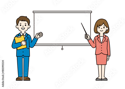 スクリーンと、ポインターを持って説明する女性社員の全身ベクターイラスト素材＿カラー