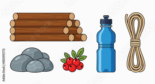 Camping essentials set wood rocks berries water bottle rope outdoor adventure survival nature explore vector illustration flat design