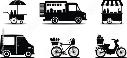 Mobile Business & Delivery Vehicle Icons: Food Trucks, Carts, Vans, Scooters, Bicycles