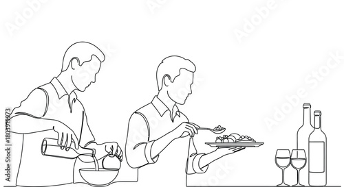 Man prepares delicious meal, serves food with wine and glasses.