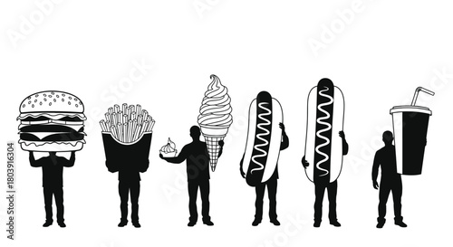 People holding giant fast food items and drinks