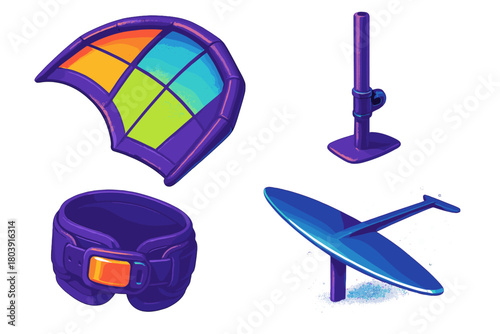 Stylized collection of colorful water sports gear including harness and hydrofoil board