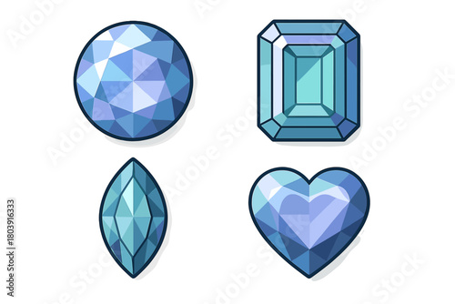 Set of four blue and teal faceted gemstones in classic cuts including round, rectangular, marquise, and heart shapes