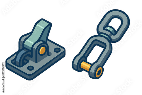 Industrial metal latch mechanism and swivel clevis shackle components for securing equipment