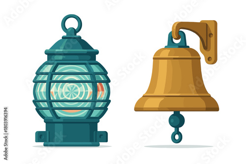 Traditional marine navigation lantern and antique brass ship bell isolated on white background
