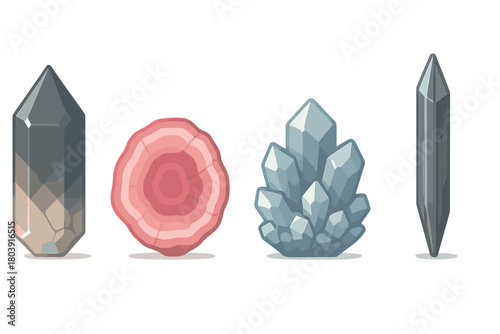 Assortment of natural raw crystals, polished quartz points, and layered agate slice