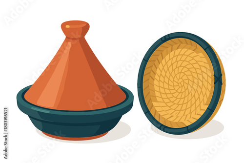 Traditional North African ceramic tagine cooking pot and round woven straw serving plate isolated on white