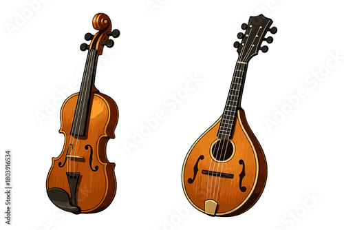 Classic wooden violin and mandolin string instruments isolated on white background
