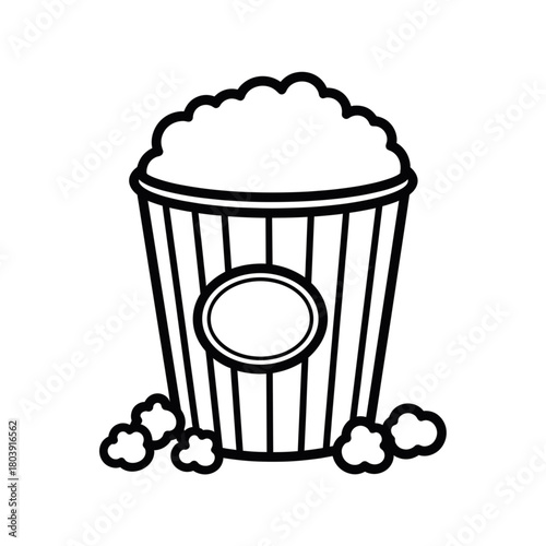 Minimalist black outline vector icon of a popcorn bucket, symbolizing cinema snacks, isolated on a transparent background
