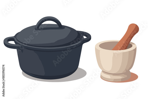 Cast iron cooking pot and stone mortar with wooden pestle kitchen utensils set