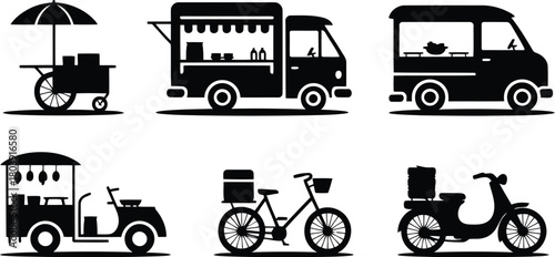 Mobile Business & Delivery Vehicle Icons: Food Trucks, Carts, Vans, Scooters, Bicycles