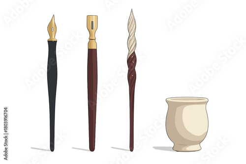 Collection of classic dip pens and a glass pen with a ceramic ink pot for traditional writing and calligraphy