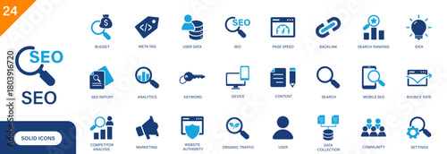 SEO icon. Includes keywords, backlink, marketing, SEO optimization, search. Solid vector icon set.