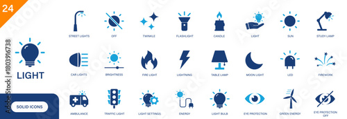 Light icon. Includes light bulb, sun, flashlight, fire, traffic light, table lamp. Solid vector icon set.