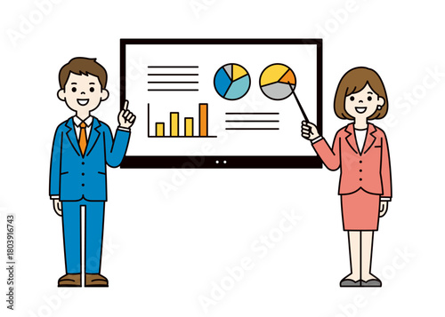 オンラインホワイトボードと、プレゼンするビジネスパーソンの全身ベクターイラスト素材＿カラー	