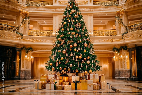 Luxurious Christmas tree and festive decorations in grand hotel lobby