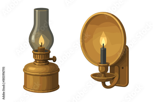 Vintage brass oil lamp and antique wall sconce with burning candle flame