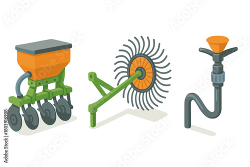 Modern agricultural machinery elements including seed drill, rotary harrow, and irrigation sprinkler