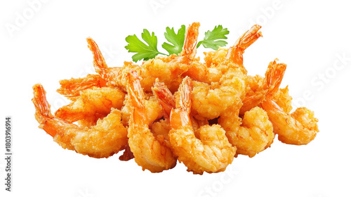 Golden fried shrimp pile isolated on a transparent background