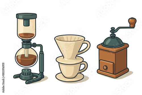 Traditional coffee brewing devices set with siphon, pour over cone, and manual grinder