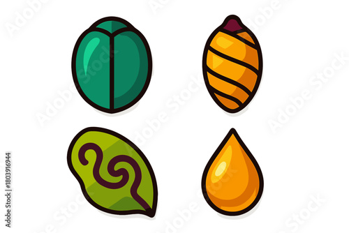Four stylized organic icons representing natural elements seeds leaves and liquid
