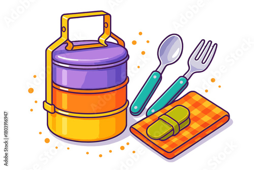 Stacked lunch box container with vibrant colors next to a spoon and fork for mealtime