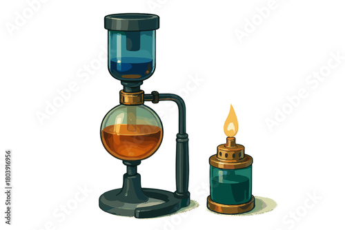 Detailed vintage laboratory siphon apparatus and burning alcohol lamp setup