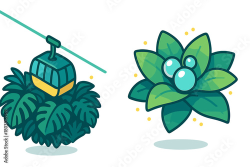 Stylized cable car gondola icon and decorative green tropical plant