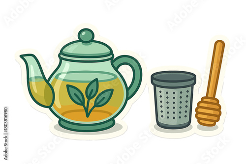 Glass teapot brewing herbal tea with leaves, metal infuser, and wooden honey dipper