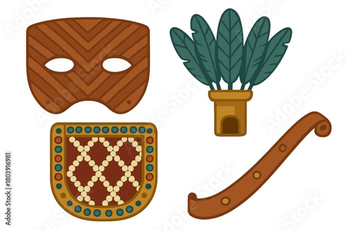 Stylized ancient tribal artifacts collection featuring a wooden mask, feathered quiver, and decorated shield