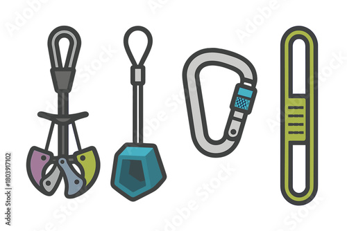 Essential rock climbing gear set including camming device, nut, carabiner, and quickdraw