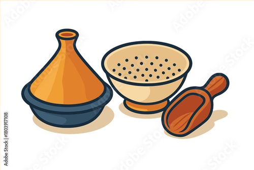 Traditional Moroccan tagine cooking pot with a kitchen colander and wooden spice scoop