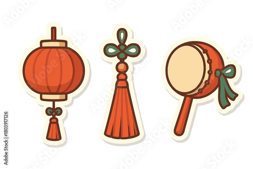 Traditional Chinese cultural symbols including a red lantern, decorative knot, and rattle drum