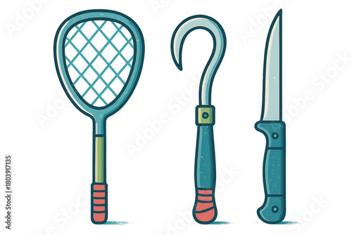Set of household and outdoor utility tools including fly swatter, gaff hook, and sharp knife