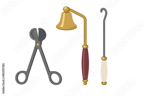 Set of essential candle care accessories including wick trimmer, bell snuffer, and wick dipper hook