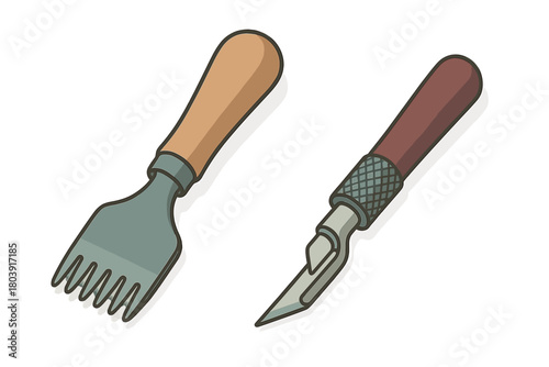 Professional leather crafting tools including swivel knife and stitching groover