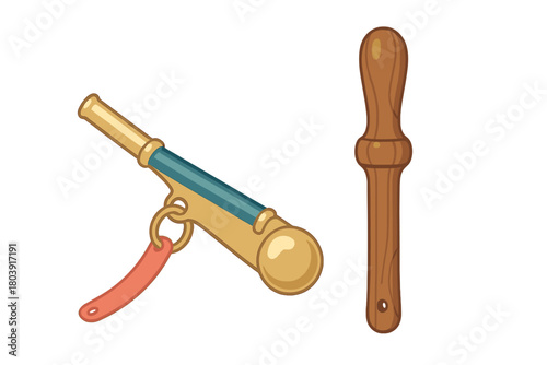 Traditional boatswain's pipe and wooden marlinspike isolated on a white background