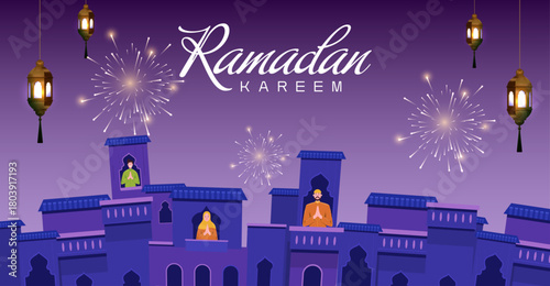Ramadan Kareem Night Illustration with Fireworks and Lanterns. Eid Mubarak Poster Design Vector Illustration 