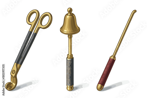 Elegant brass candle care tools set including wick trimmer snuffer bell and dipper