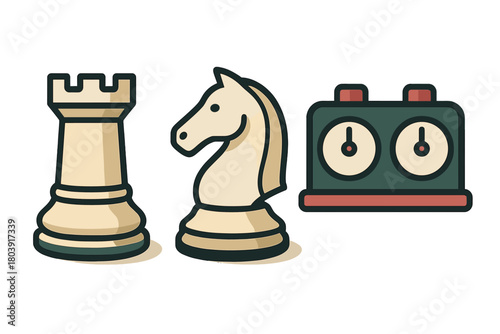 White chess rook and knight pieces with a vintage analog timing clock