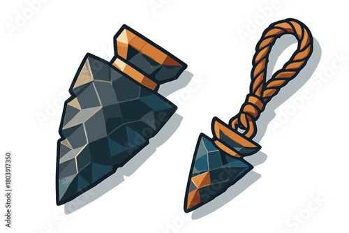Stylized obsidian arrowhead and small pendant with braided rope loop on white background