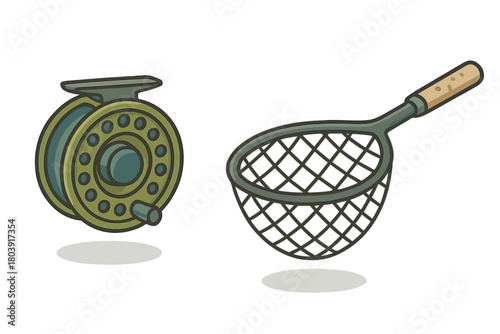 Classic fly fishing reel and landing net isolated on white background for outdoor sport