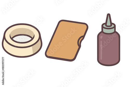 Set of common household objects including adhesive tape, wooden cutting board, and plastic squeeze bottle
