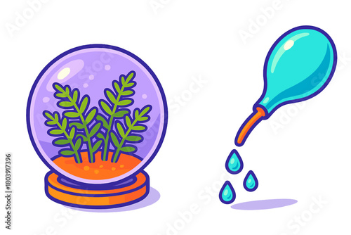 Miniature ecosystem in a glass globe with a dropper adding water