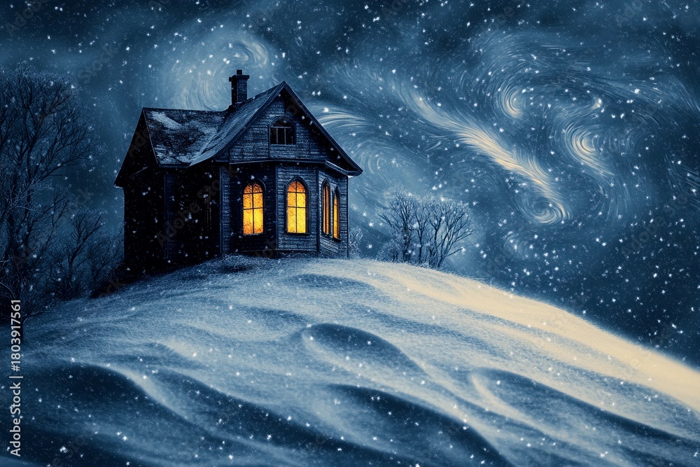 Fototapeta premium Lonely house stands on a hill under swirling snow at night