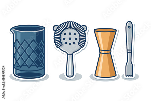 Essential cocktail making tools set with mixing glass, Hawthorne strainer, and double jigger