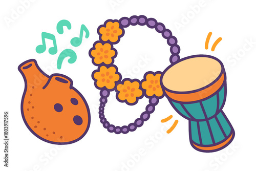 Colorful tropical musical instruments and cultural accessories including ocarina, drum, and flower lei