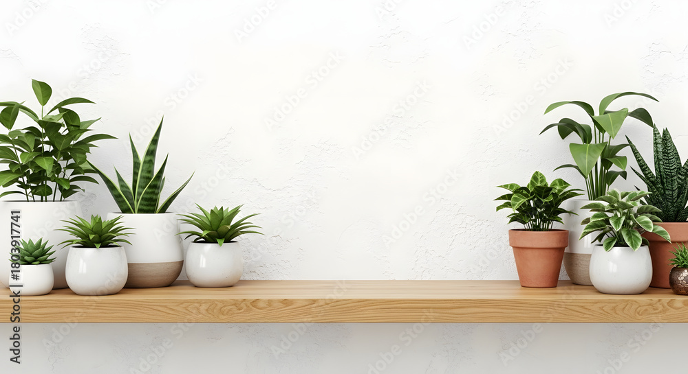 Fototapeta premium Modern Indoor Potted Plants on Wooden Shelf with White Wall Background
